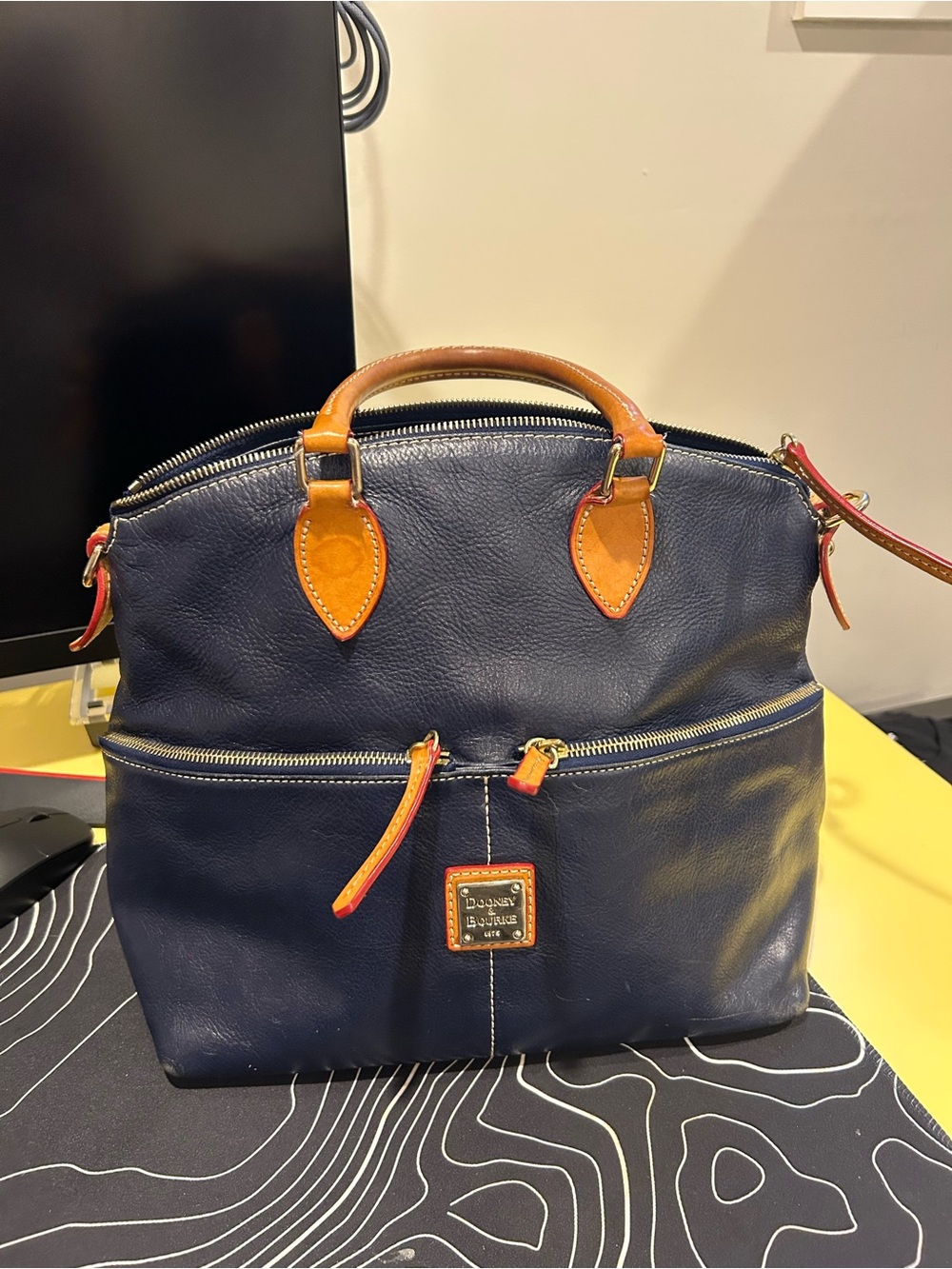 Dooney & Bourke Navy Leather Laptop Bag with Tan Trim